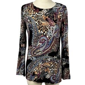 Chico's‎ Paisley Leopard Print Top Women's S Boho Stretch Long Sleeve